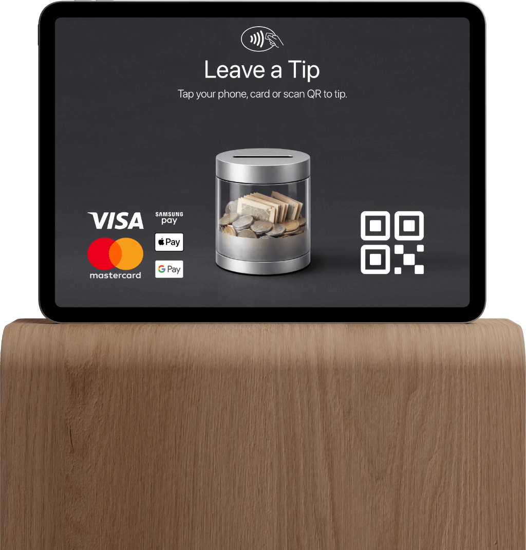 live.tips tablet stand showing digital tip collection interface